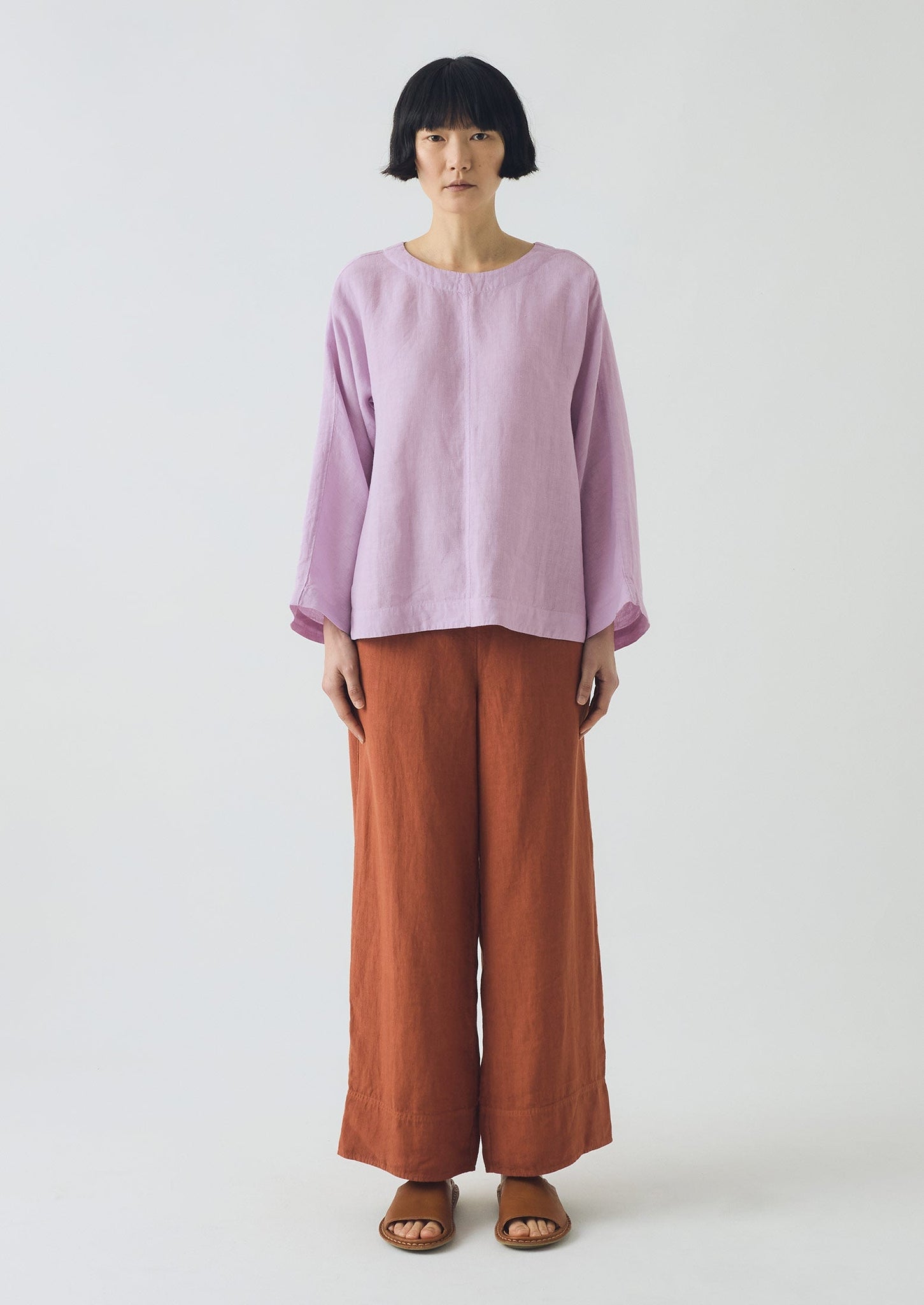 Garment Dyed Linen Wide Trousers | Burnt Sienna