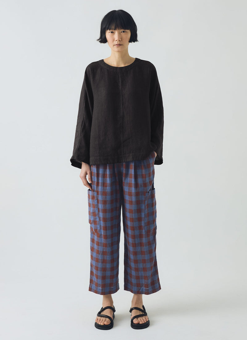Mineral Check Linen Cotton Trousers | Brown Ochre/Dark Cornflower