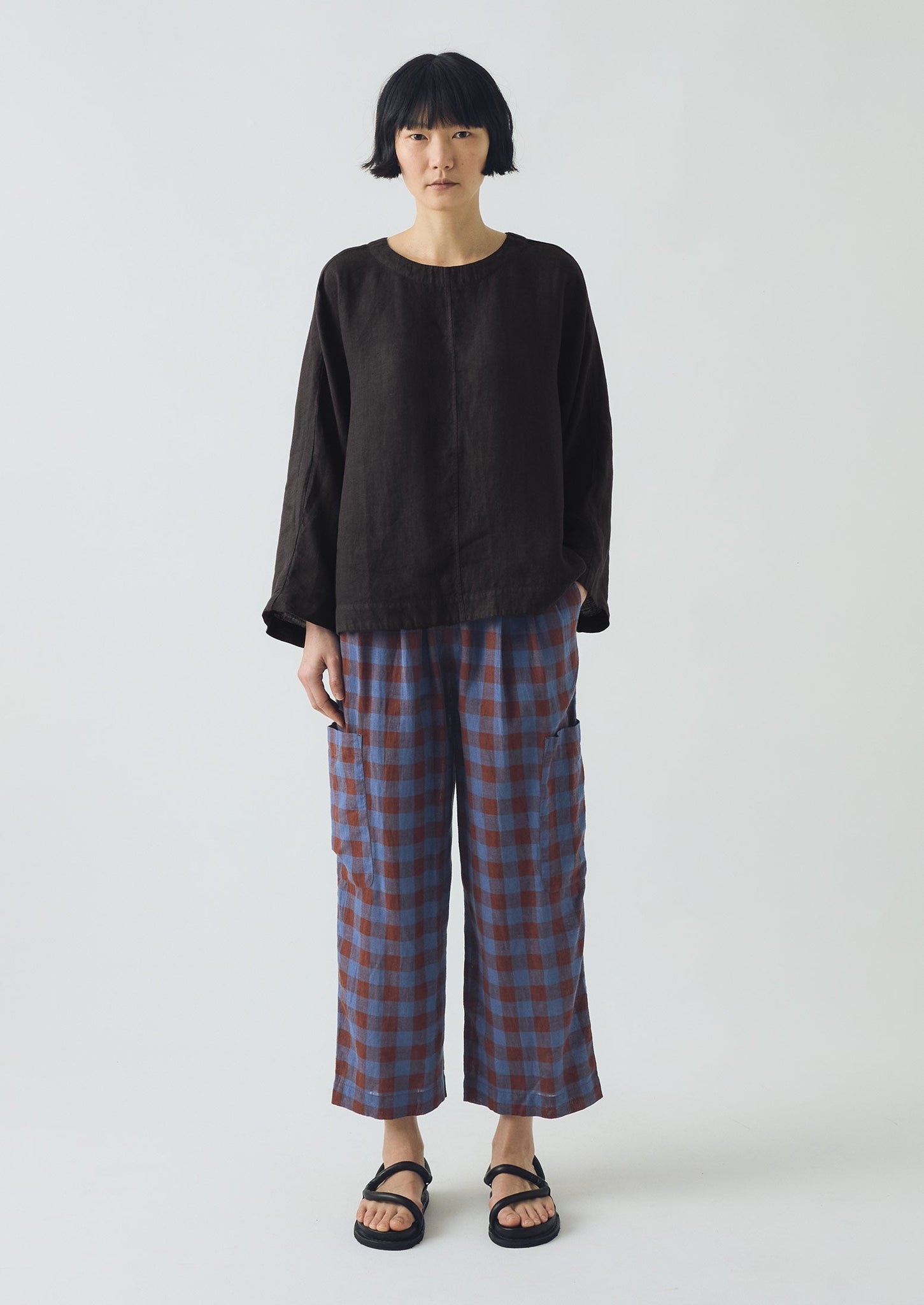 Mineral Check Linen Cotton Trousers | Brown Ochre/Dark Cornflower