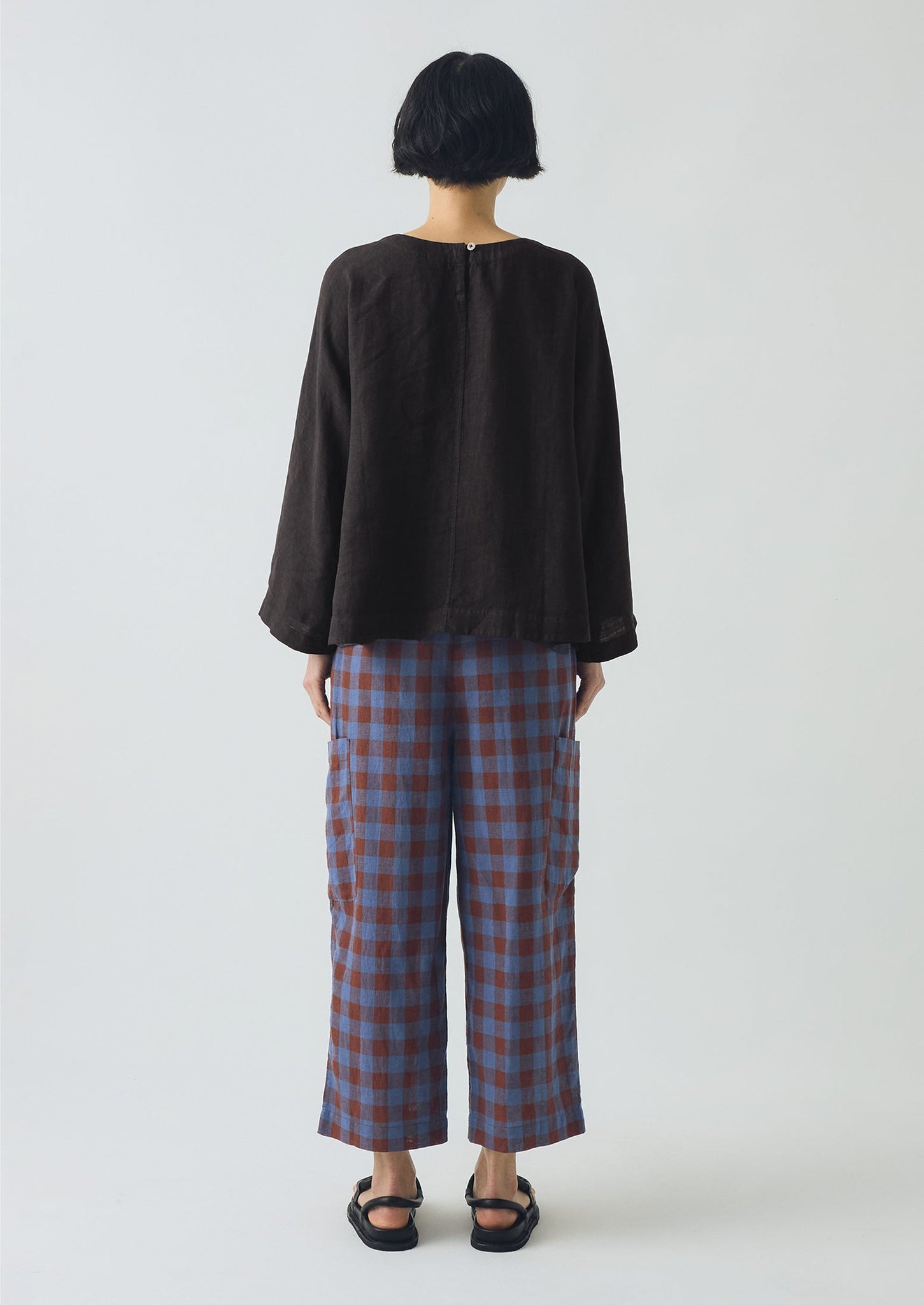 Mineral Check Linen Cotton Trousers | Brown Ochre/Dark Cornflower