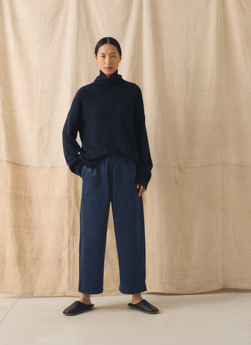 Organic Cord Barrel Leg Trousers | Denim Blue