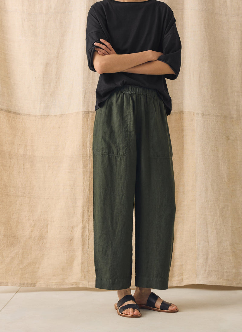 Garment Dyed Linen Barrel Leg Trousers | Dark Olive