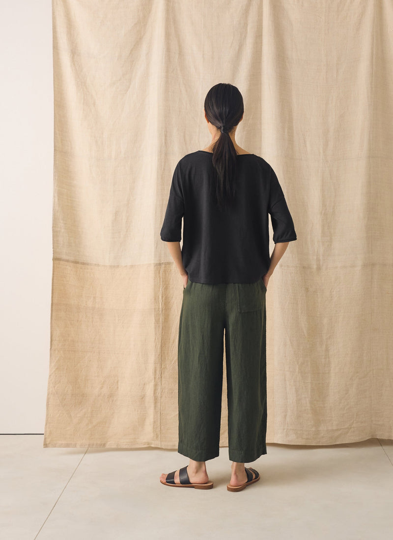 Garment Dyed Linen Barrel Leg Trousers | Dark Olive