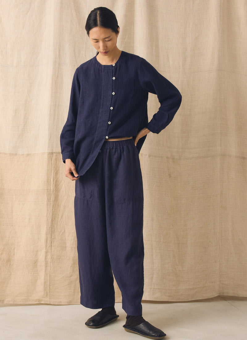 Garment Dyed Linen Barrel Leg Trousers | Blueberry