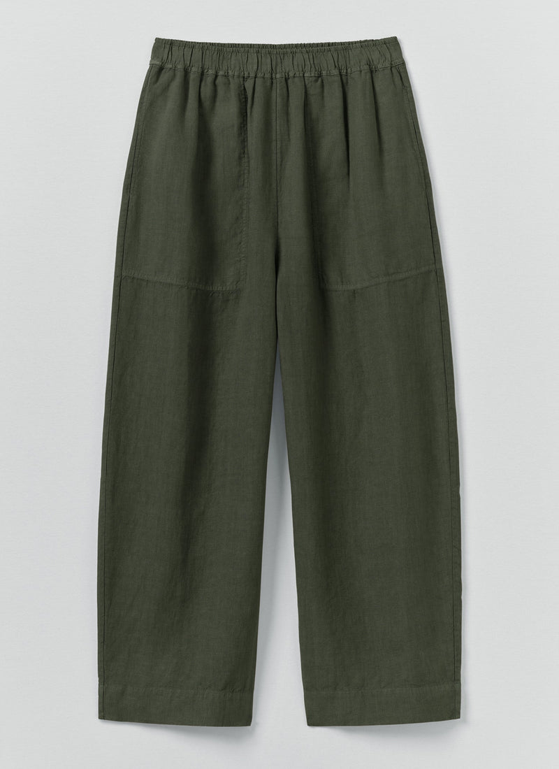 Garment Dyed Linen Barrel Leg Trousers | Dark Olive