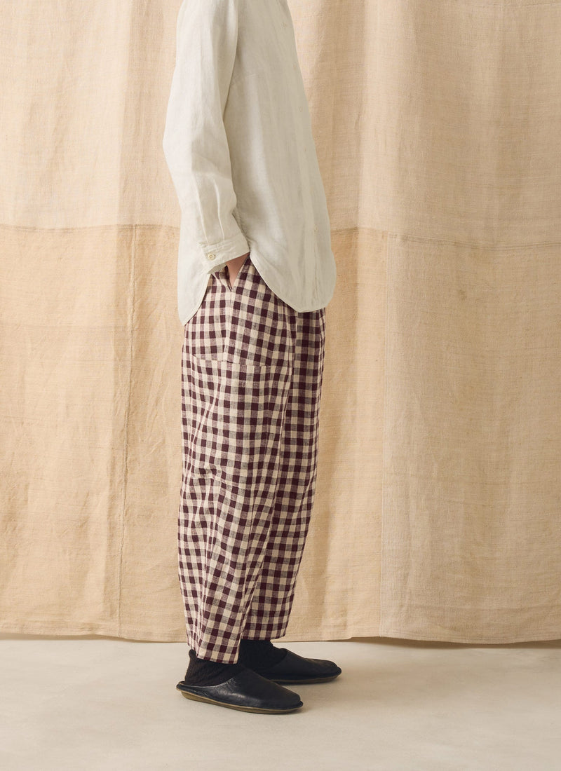 Gingham Linen Cotton Patch Pocket Trousers | Dark Chocolate/Ecru