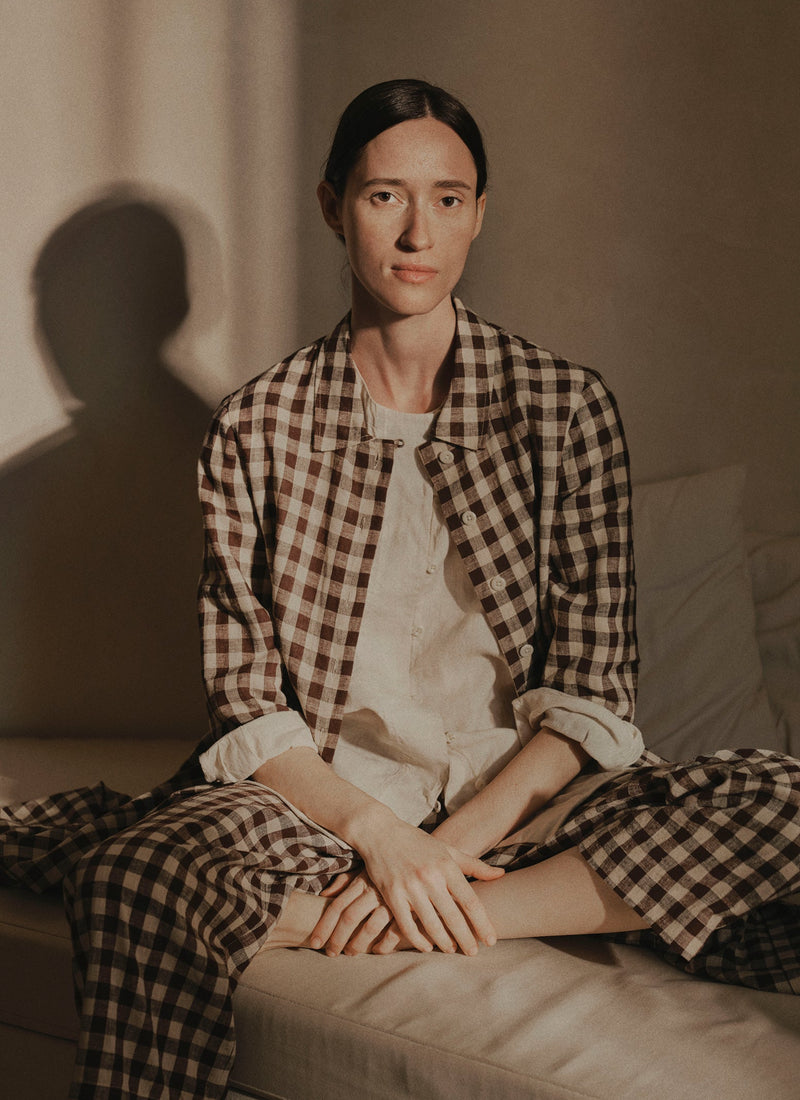 Gingham Linen Cotton Patch Pocket Trousers | Dark Chocolate/Ecru