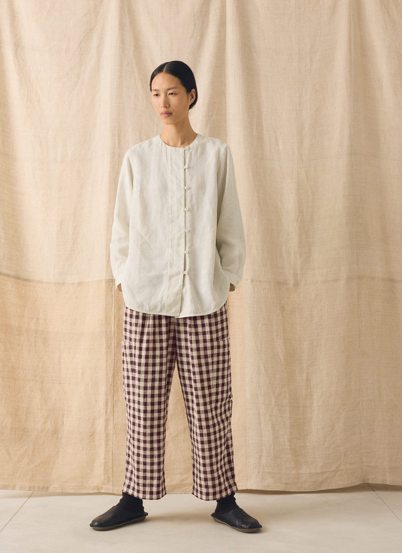 Gingham Linen Cotton Patch Pocket Trousers | Dark Chocolate/Ecru