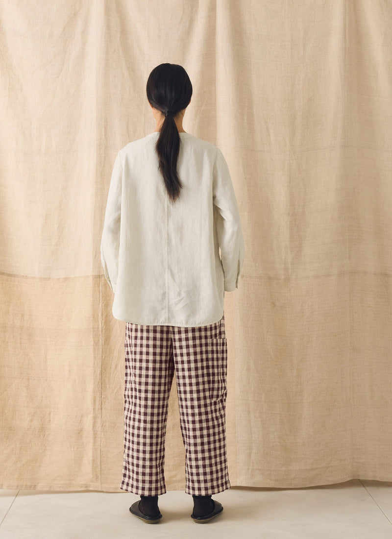 Gingham Linen Cotton Patch Pocket Trousers | Dark Chocolate/Ecru