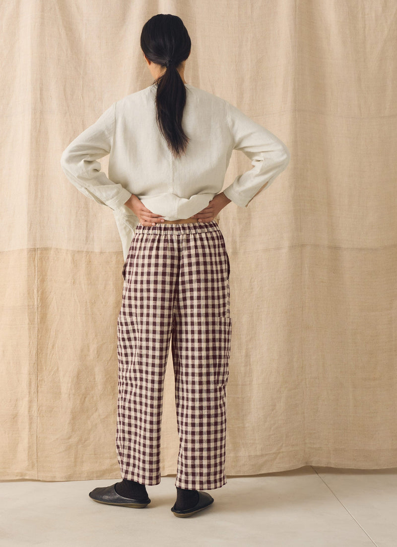 Gingham Linen Cotton Patch Pocket Trousers | Dark Chocolate/Ecru