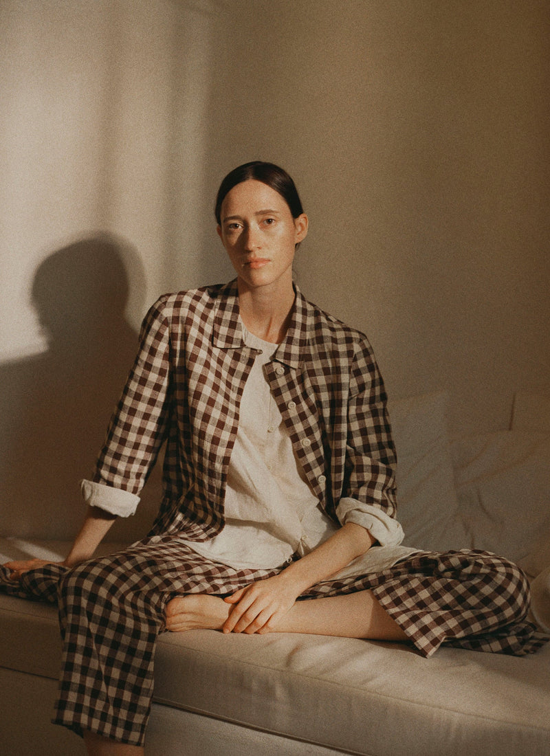 Gingham Linen Cotton Patch Pocket Trousers | Dark Chocolate/Ecru