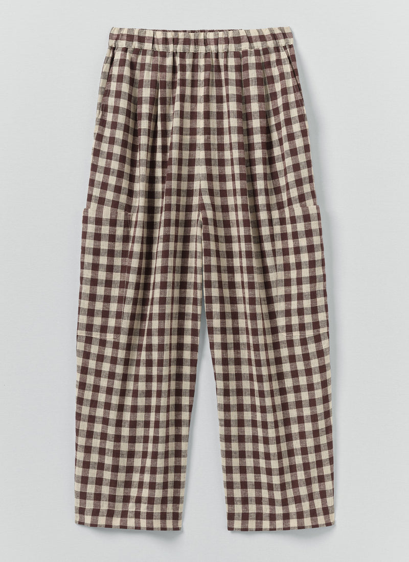 Gingham Linen Cotton Patch Pocket Trousers | Dark Chocolate/Ecru