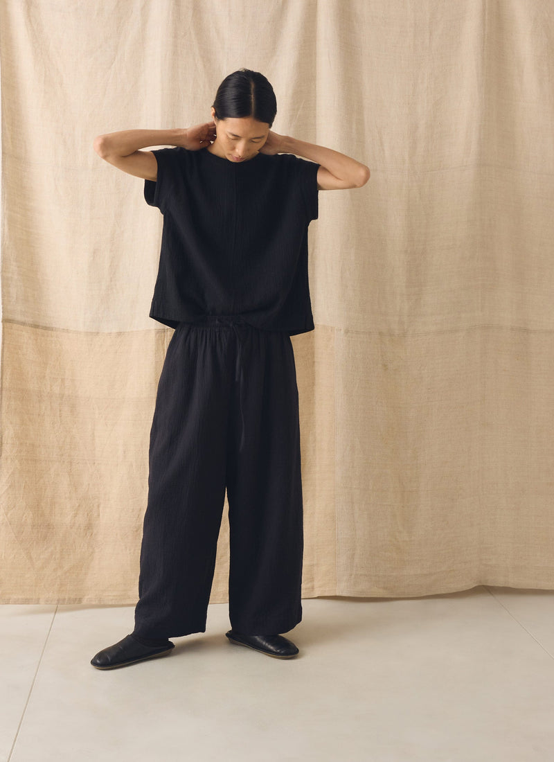 Crinkle Cotton Gauze Wide Leg Trousers | Blackberry