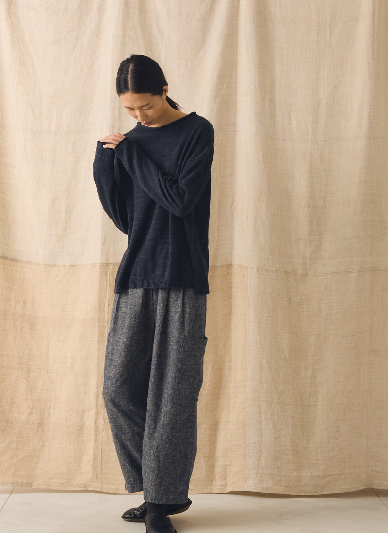 Linen Cotton Patch Pocket Trousers | Navy/Ecru