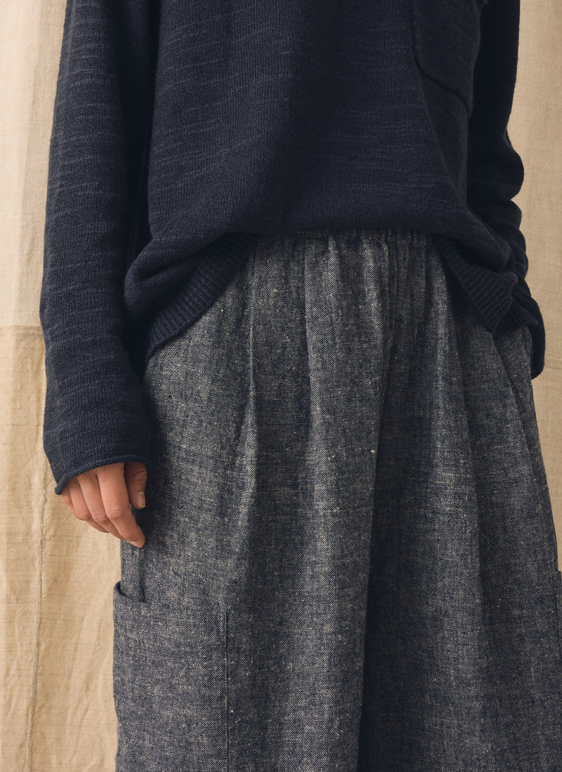 Linen Cotton Patch Pocket Trousers | Navy/Ecru