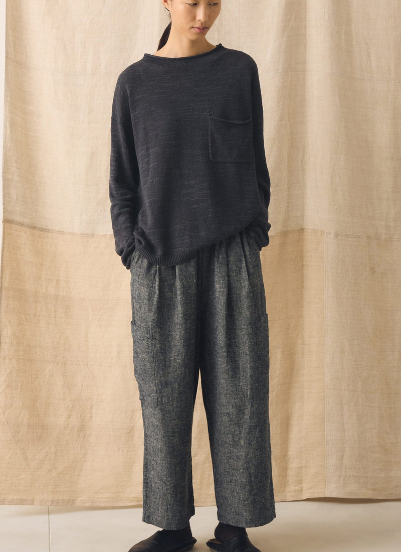 Linen Cotton Patch Pocket Trousers | Navy/Ecru