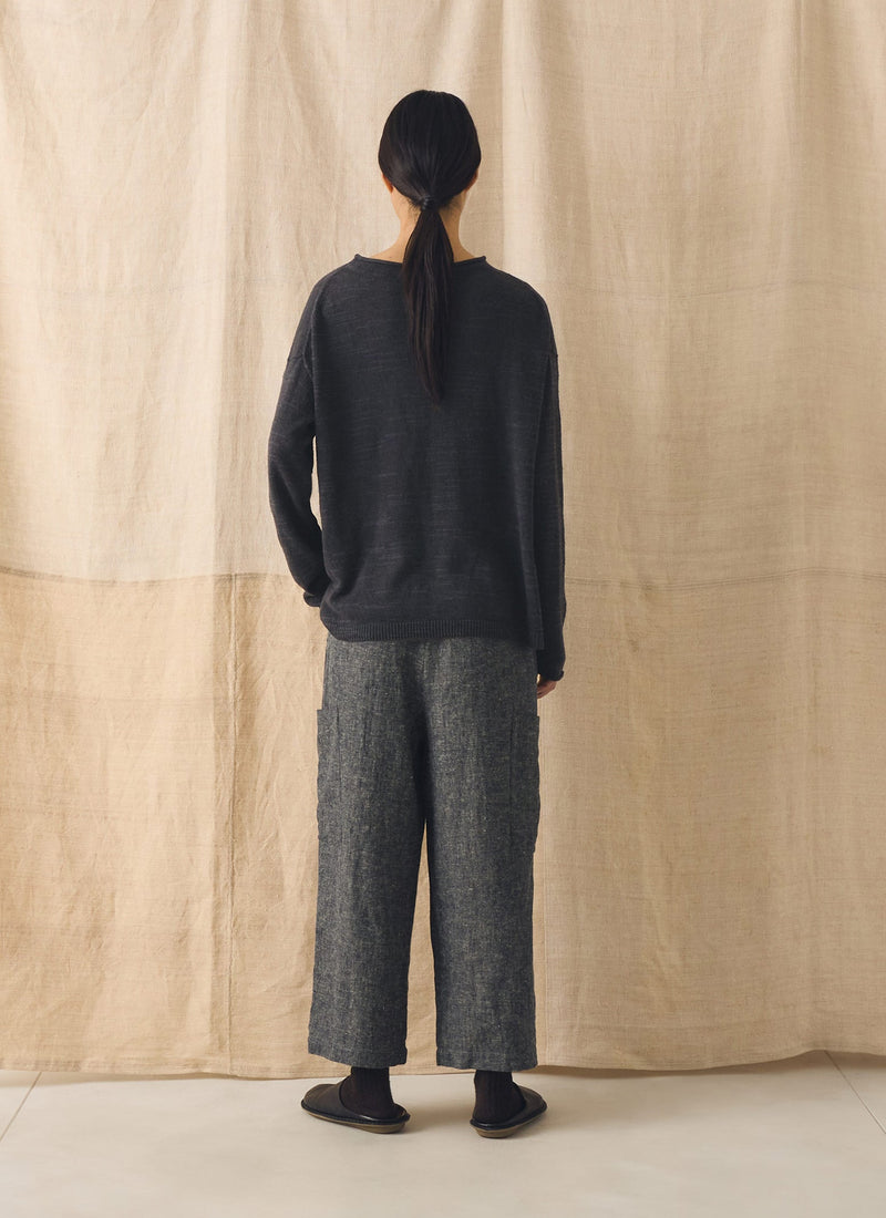 Linen Cotton Patch Pocket Trousers | Navy/Ecru