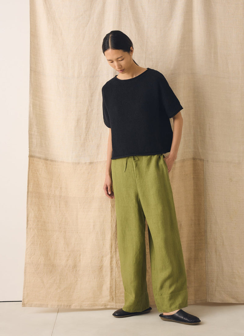 Garment Dyed Linen Wide Leg Trousers | Pale Olive
