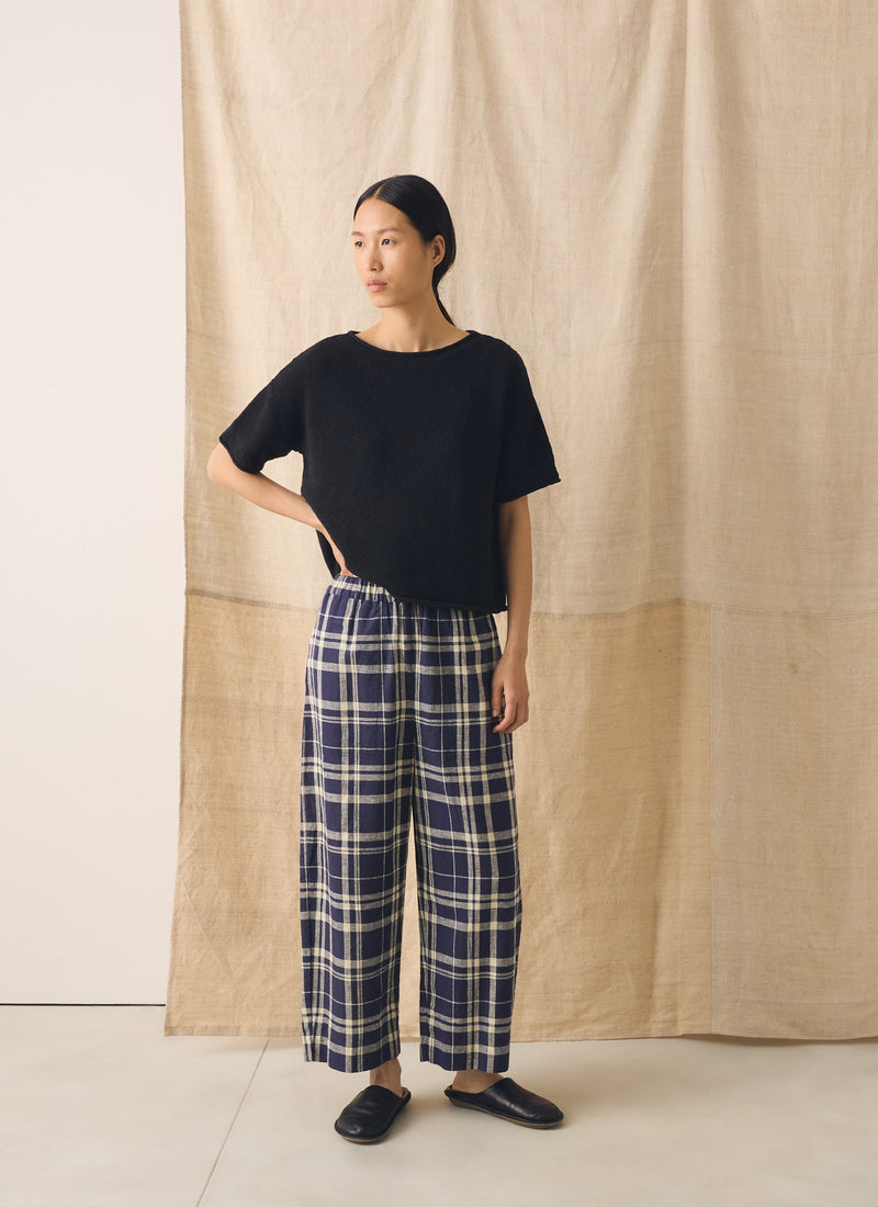 Barrel Leg Check Linen Cotton Trousers | Blue/Soya