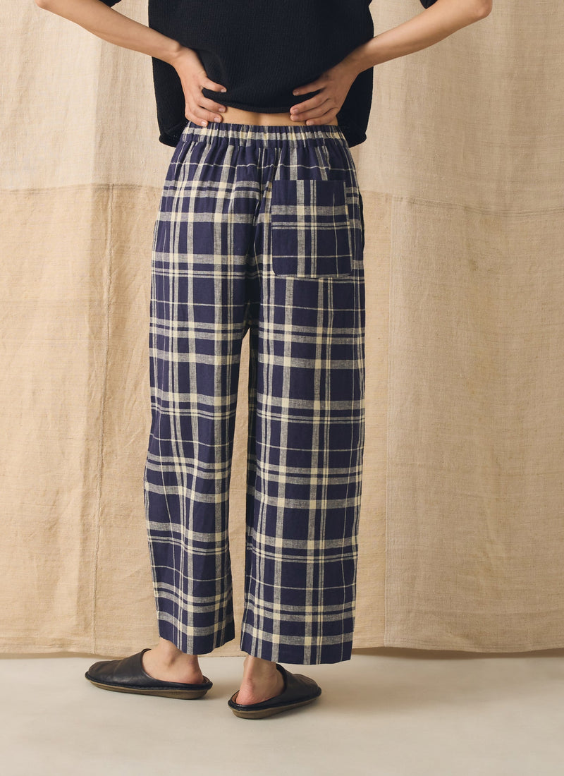 Barrel Leg Check Linen Cotton Trousers | Blue/Soya