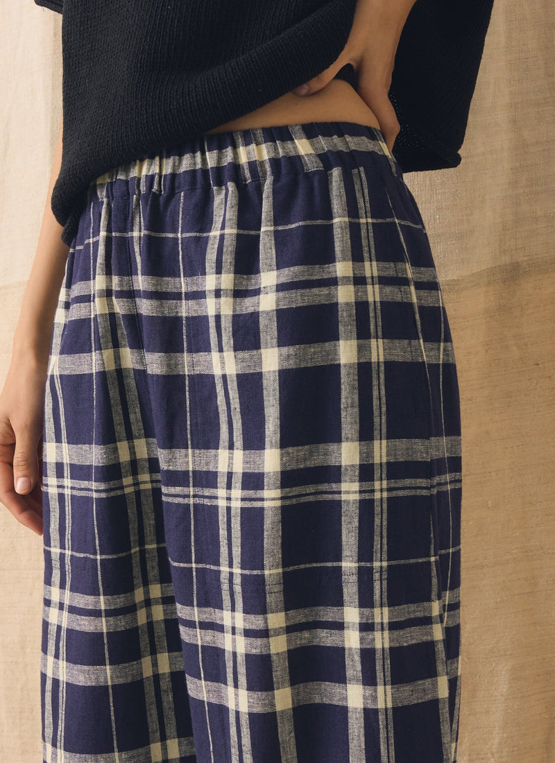 Barrel Leg Check Linen Cotton Trousers | Blue/Soya