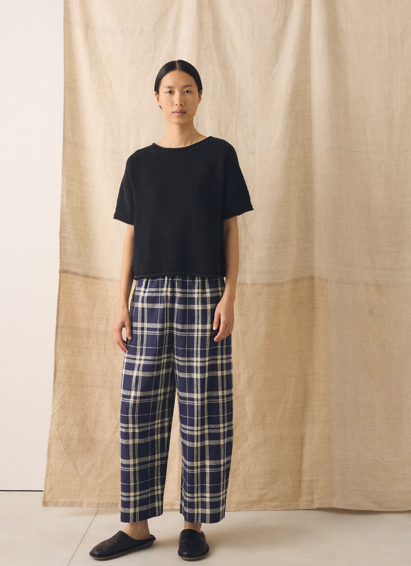 Barrel Leg Check Linen Cotton Trousers | Blue/Soya