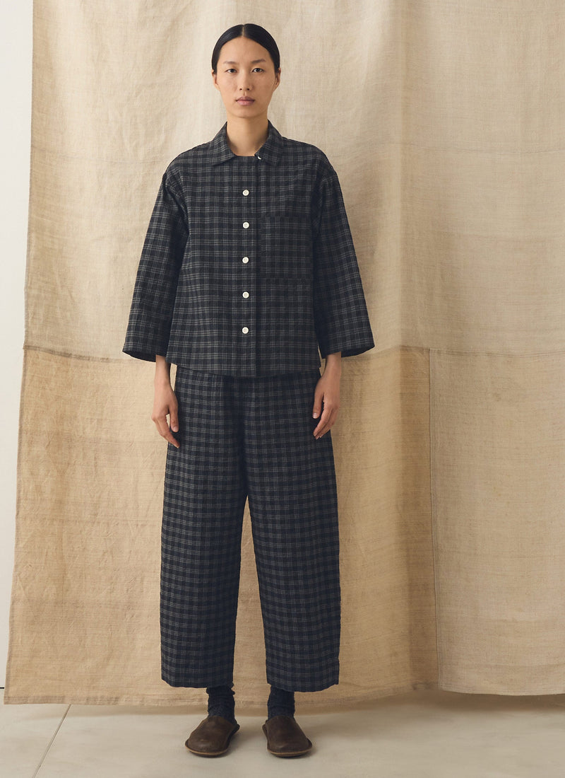 Check Cotton Wool Barrel Leg Trousers | Dark Charcoal/Black
