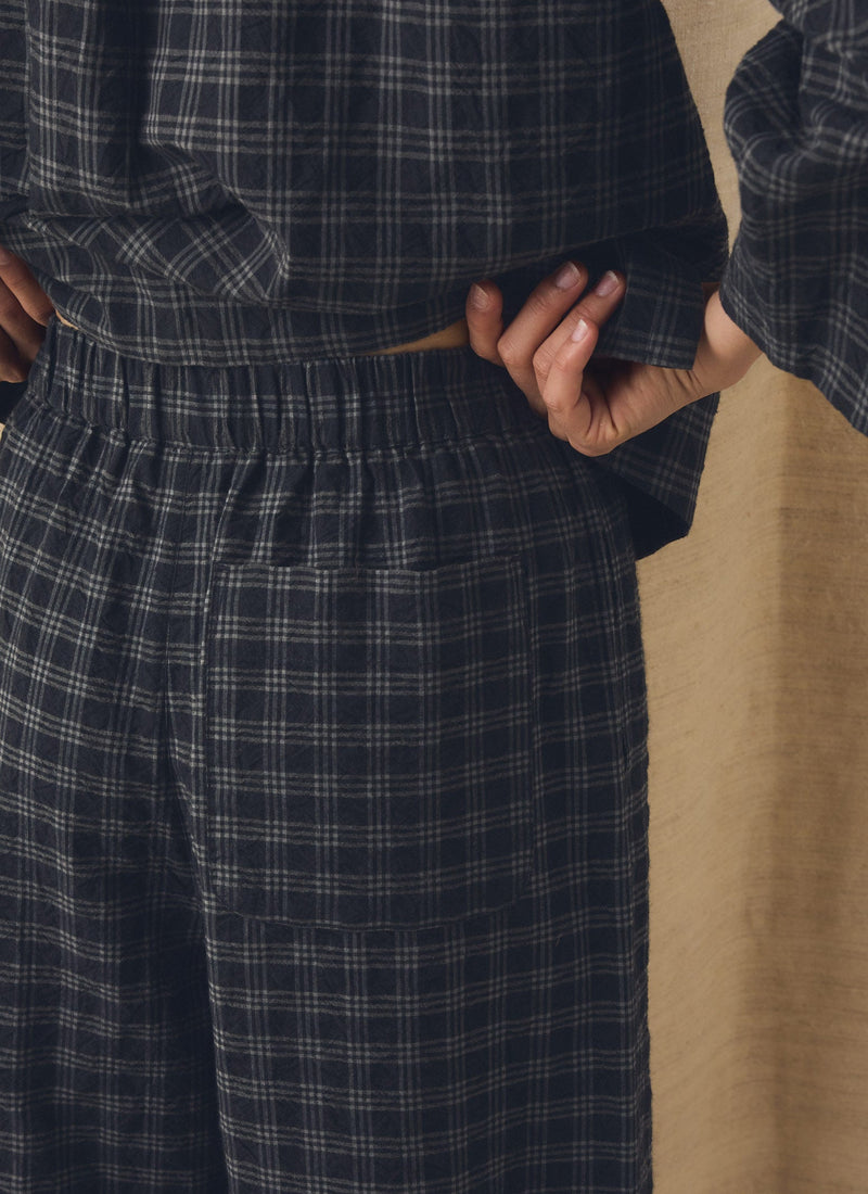 Check Cotton Wool Barrel Leg Trousers | Dark Charcoal/Black