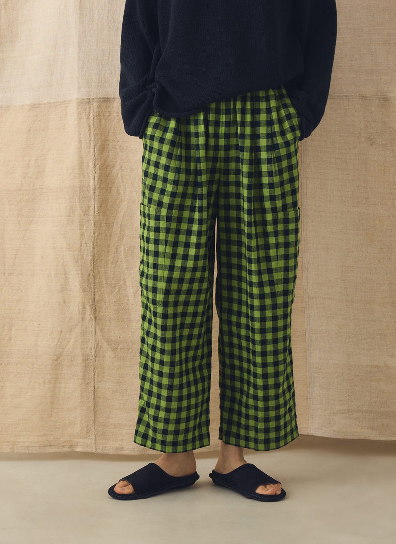 Gingham Linen Cotton Patch Pocket Trousers | Beetle Green