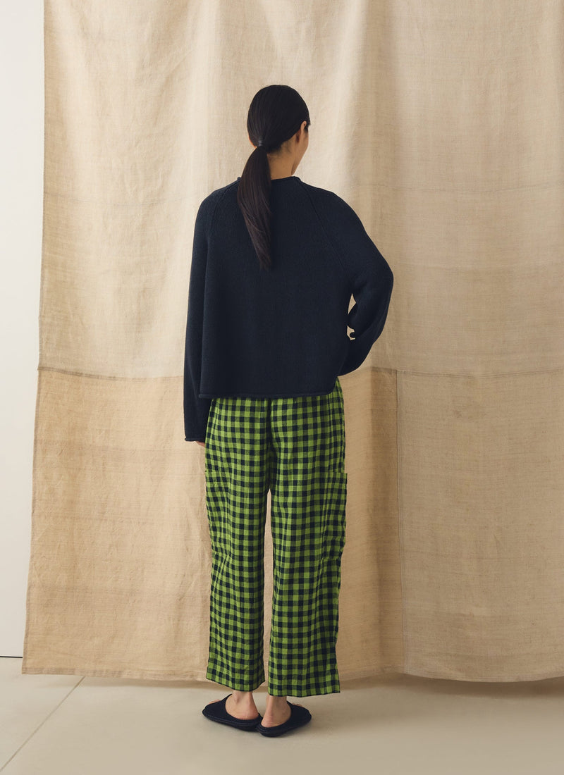 Gingham Linen Cotton Patch Pocket Trousers | Beetle Green