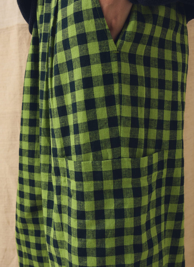 Gingham Linen Cotton Patch Pocket Trousers | Beetle Green