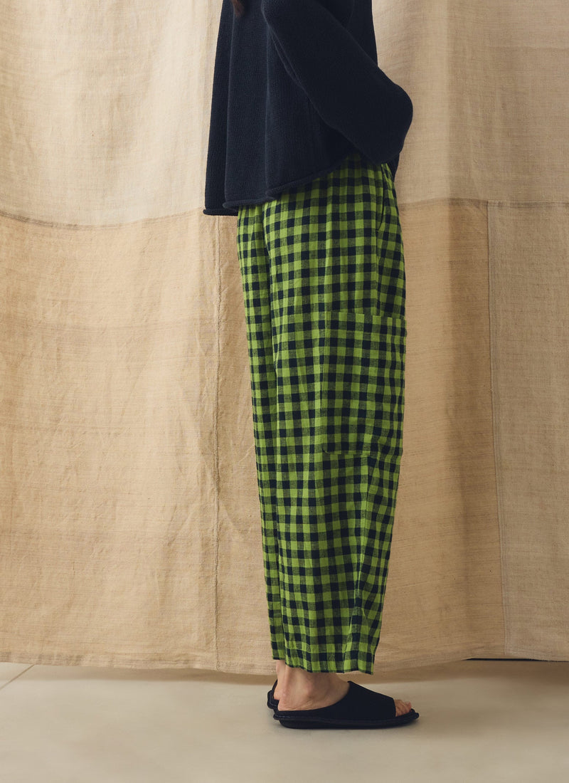 Gingham Linen Cotton Patch Pocket Trousers | Beetle Green