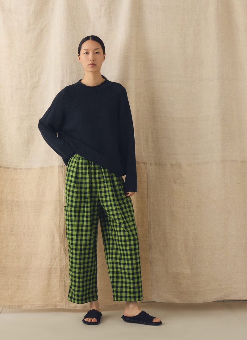 Gingham Linen Cotton Patch Pocket Trousers | Beetle Green