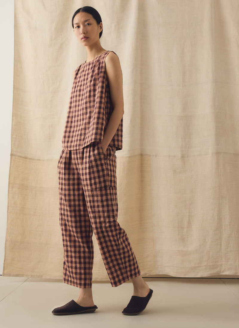 Gingham Linen Cotton Patch Pocket Trousers | Rosewood