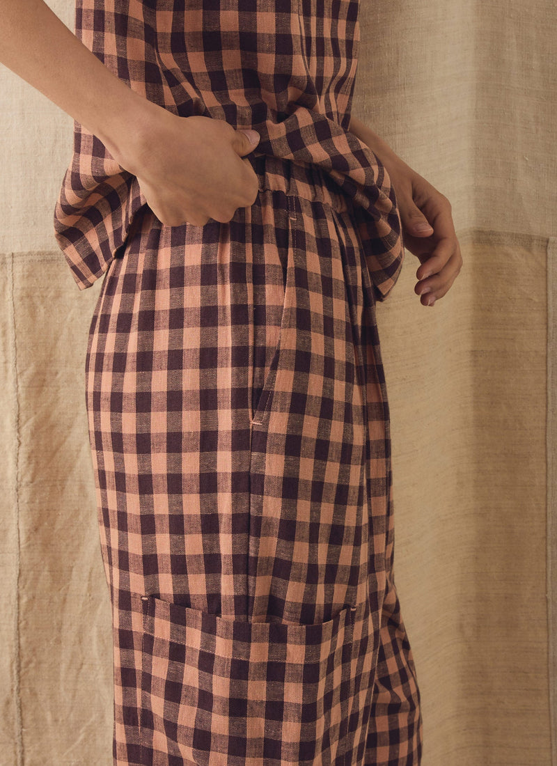 Gingham Linen Cotton Patch Pocket Trousers | Rosewood