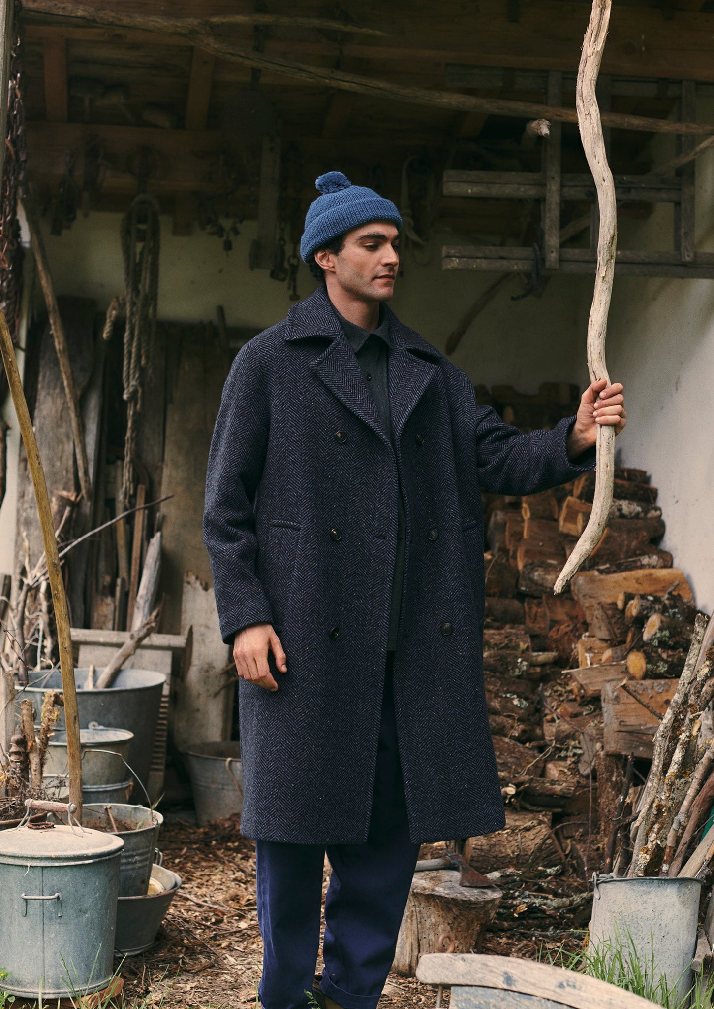 Double Breasted Wool Overcoat Navy Melange TOAST