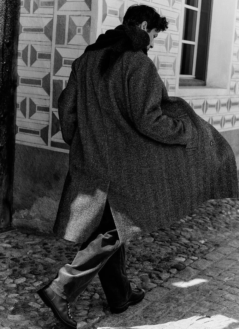 Double Breasted Wool Overcoat | Black/Natural