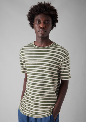 Theo Cotton Stripe Short Sleeve Tee | Dark Olive/Ecru