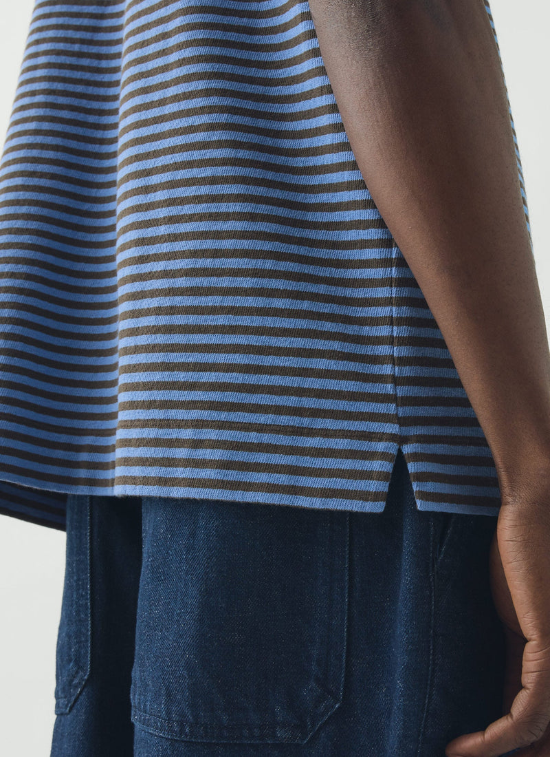 Bold Stripe Cotton Short Sleeve Tee | Azure Blue/Tawny Brown