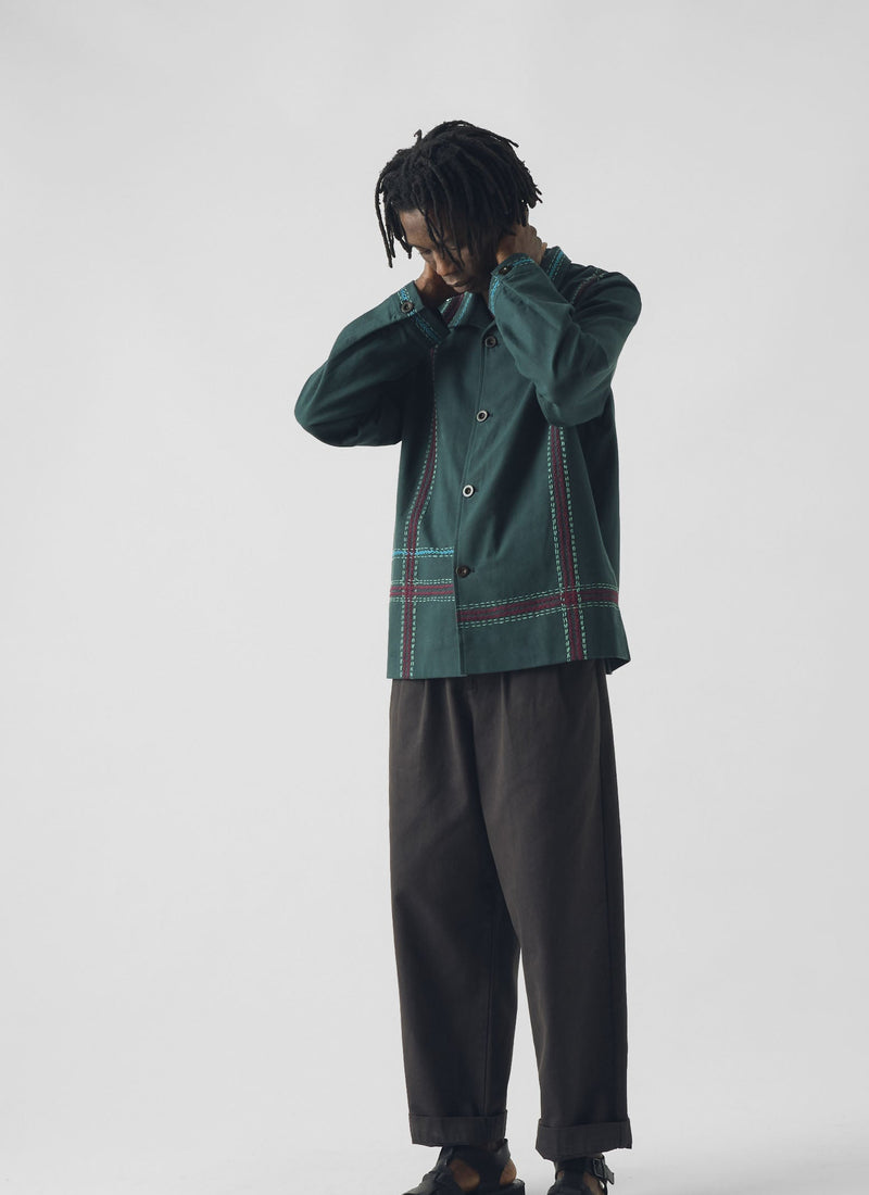 Hand Embroidered Stripe Cotton Jacket | Verdigris