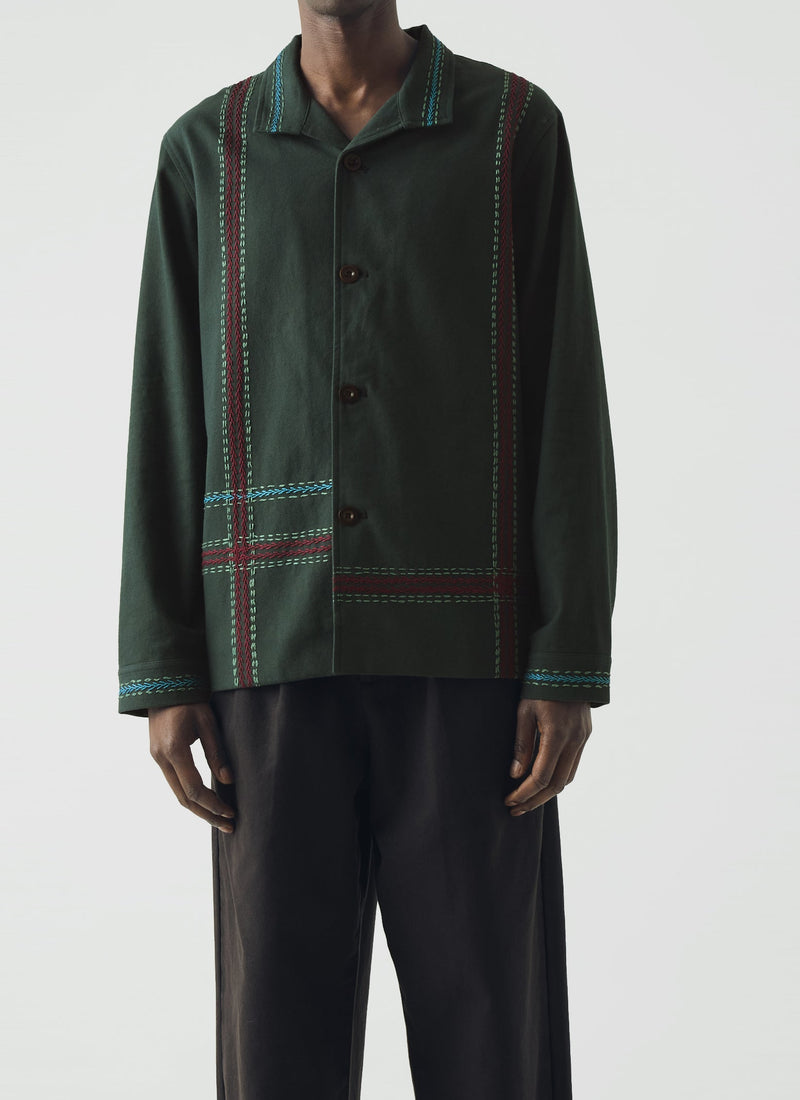 Hand Embroidered Stripe Cotton Jacket | Verdigris