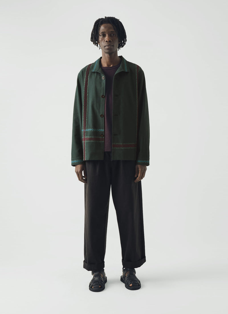 Hand Embroidered Stripe Cotton Jacket | Verdigris