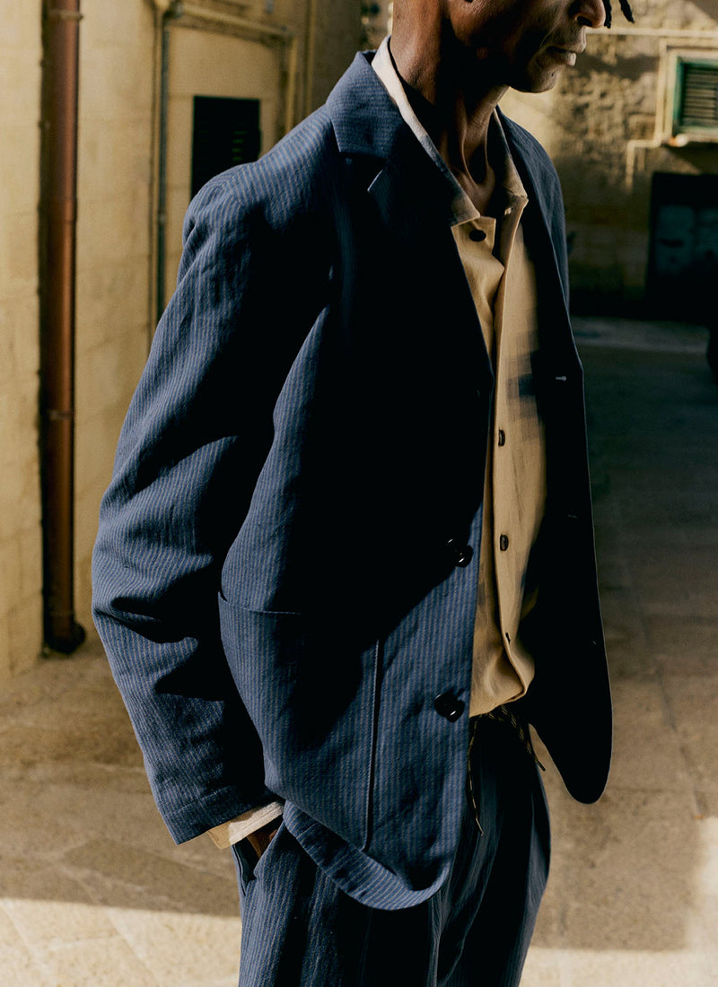 Running Stitch Cotton Linen Blazer | Navy/Fawn