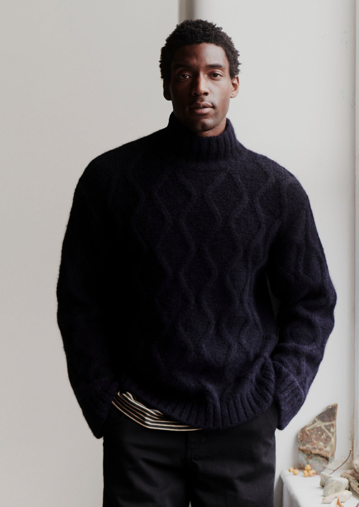 Roll Neck Cable Knit Sweater | Navy