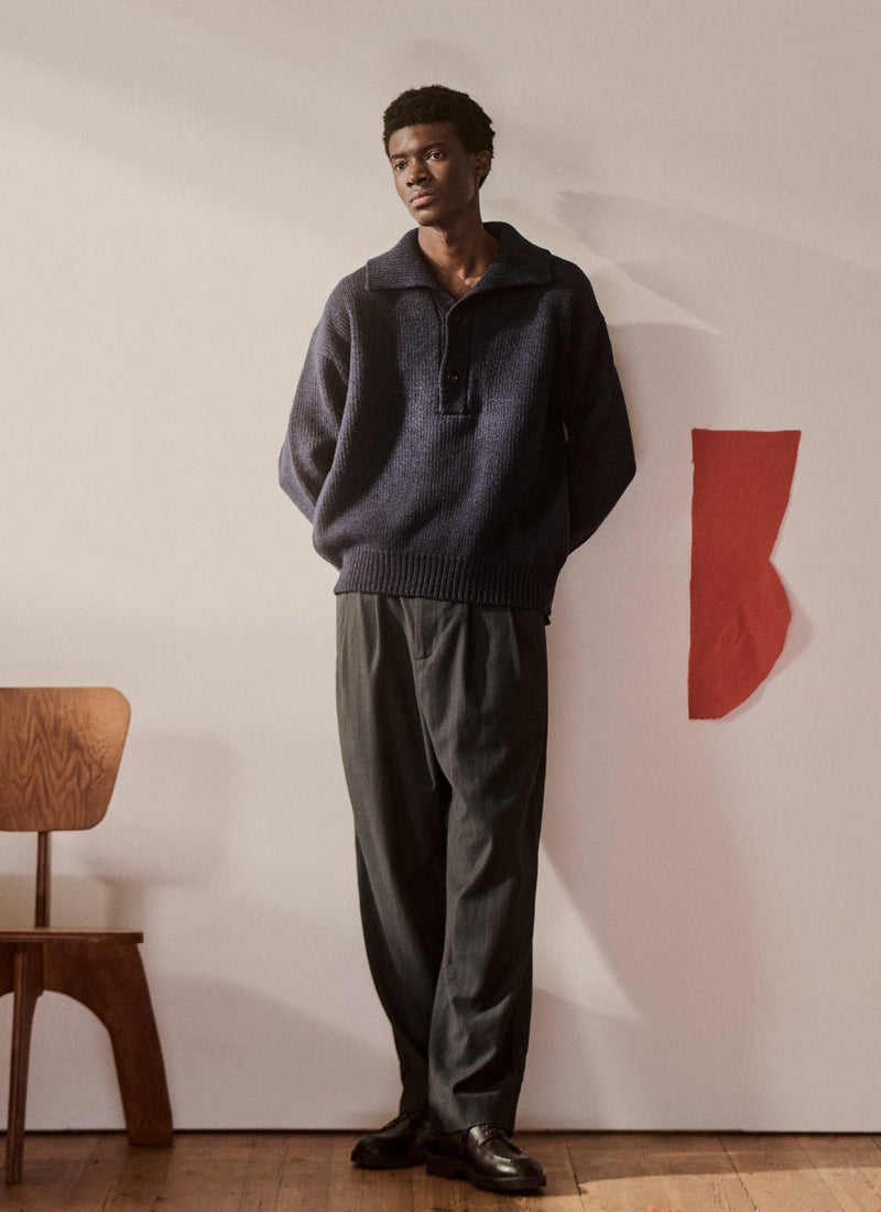 Half Placket Wool Pullover | Navy Melange