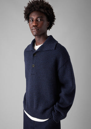 Half Placket Wool Pullover | Navy Melange