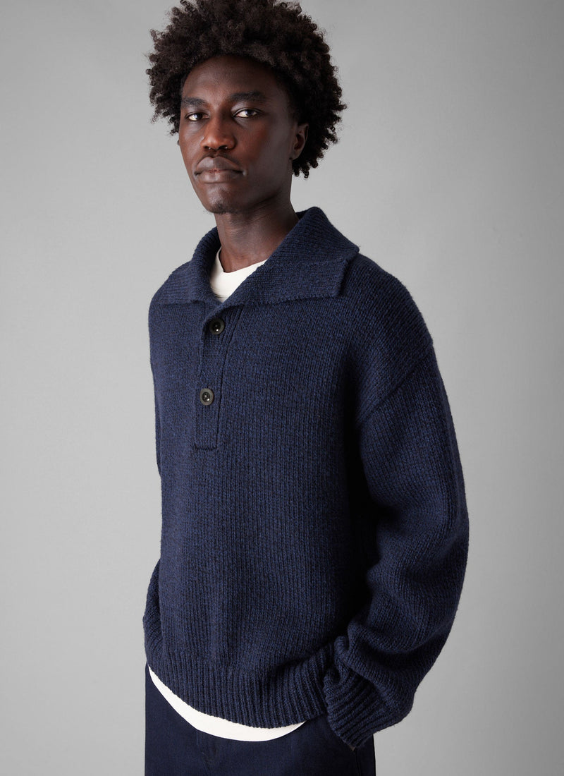 Half Placket Wool Pullover | Navy Melange