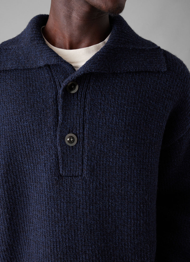 Half Placket Wool Pullover | Navy Melange