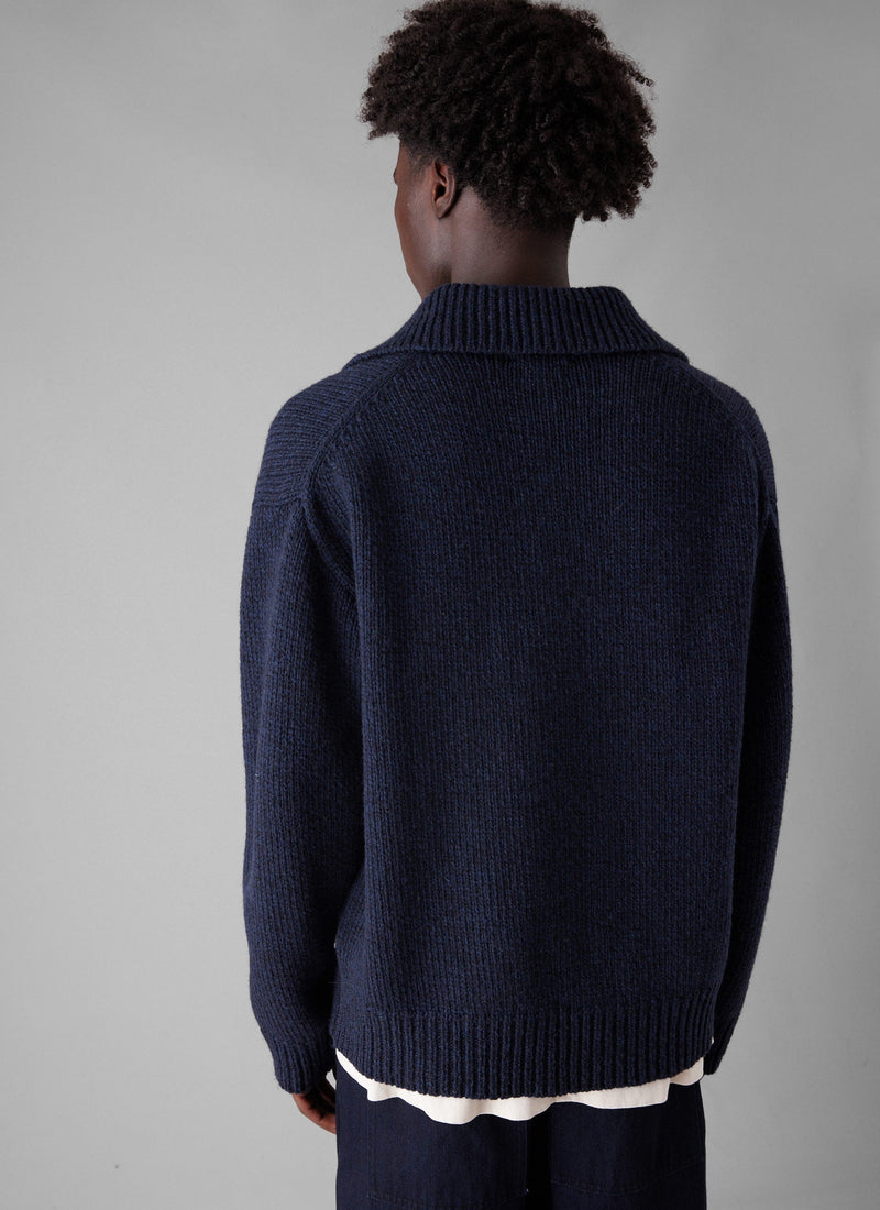 Half Placket Wool Pullover | Navy Melange
