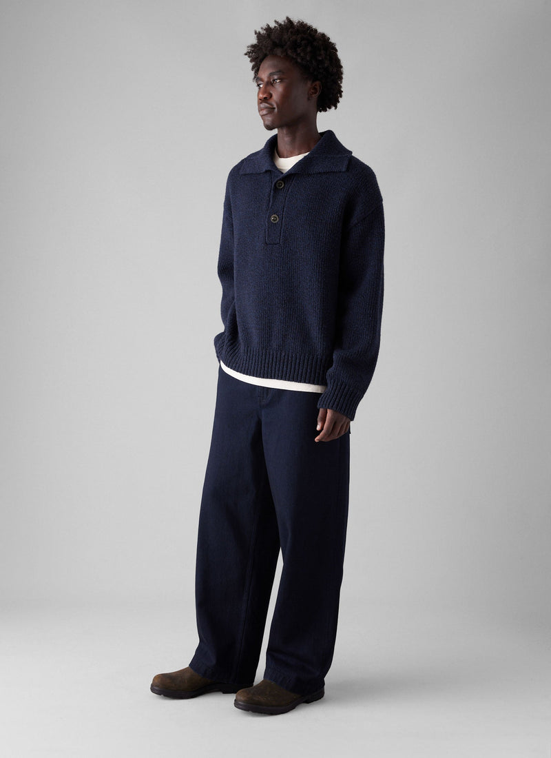 Half Placket Wool Pullover | Navy Melange